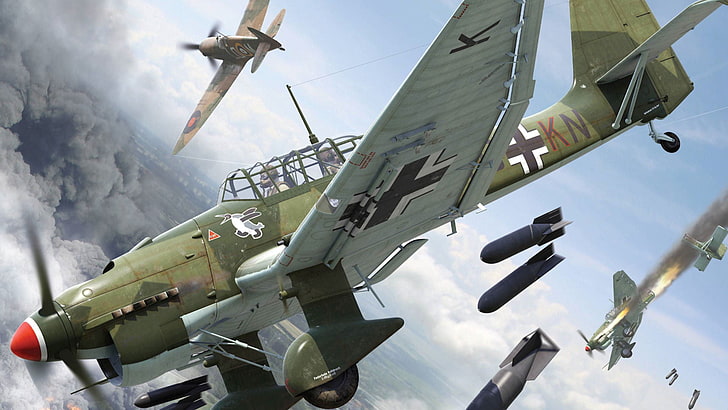 green plane illustration, fire, smoke, attack, bombs, thing, dogfight, Supermarine Spitfire, Latinic, Junkers, lapotnikov, Dive bomber, Ju-87, HD wallpaper