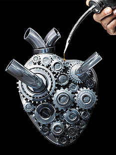 srebrne serce metalowy wystrój, grafika, koła zębate, silniki, serce, metal, rury wydechowe, śruba, portret, czarne tło, ręce, pojazd, surrealistyczne, maszyna, mechanika, tętnica, Tapety HD HD wallpaper