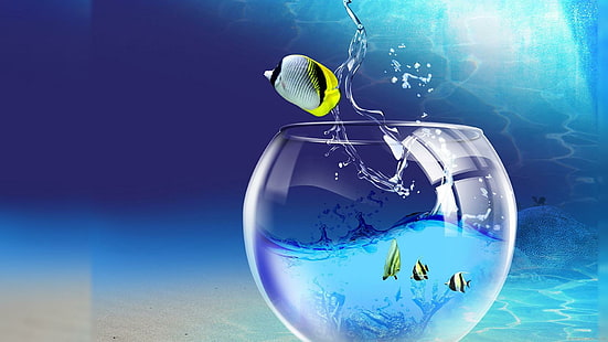 Poisson 3D s'échappe de l'aquarium, 4 illustration de poisson blanc noir et jaune, poisson, animal, graphique, eau, aquarium, Fond d'écran HD HD wallpaper