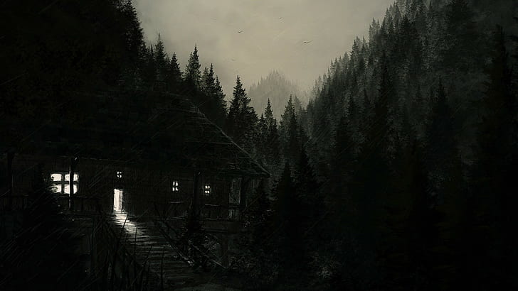 природа пейзаж дървета гора дигитално изкуство рисуване къща дъжд тъмно хълм, HD тапет