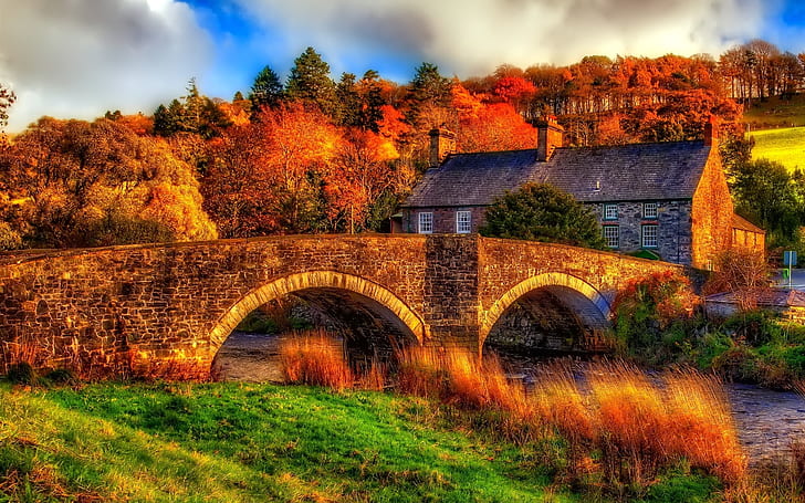 Jesień, rzeka, most, dom, drzewa, sceneria HDR, jesień, rzeka, most, dom, drzewa, HDR, krajobrazy, Tapety HD