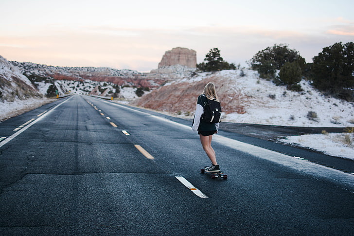 nature, road, women, skateboard, HD wallpaper