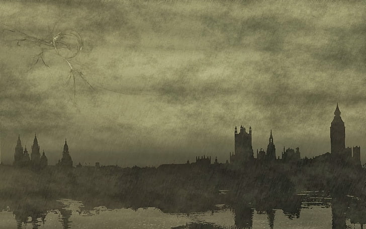 city ​​silhouette painting, Londres, obra de arte, paisagem urbana, Westminster, HD papel de parede