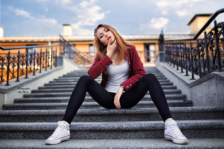 women's red dress shirt and black pants outfit, girl, pose, photo, sneakers, makeup, Mike, hairstyle, photographer, ladder, railings, stage, beautiful, jacket, redhead, leggings, Alex Marti, Yana Rzheusskaya, HD wallpaper