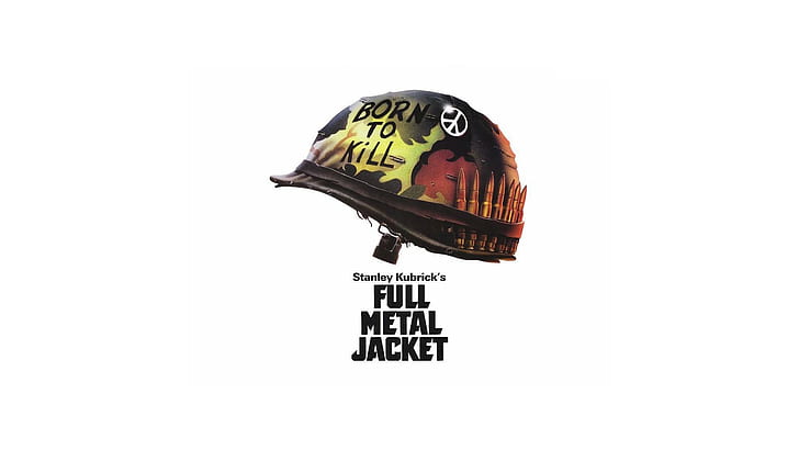 Pełna metalowa kurtka, hełm, plakat filmowy, znak pokoju, Stanley Kubrick, wojna w Wietnamie, Tapety HD