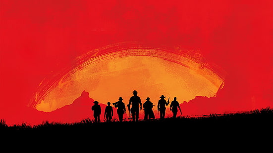 silhouette di persone durante l'illustrazione al tramonto, Red Dead 3, Rockstar Games, Red Dead Redemption 2, Red Dead Redemption, Sfondo HD HD wallpaper