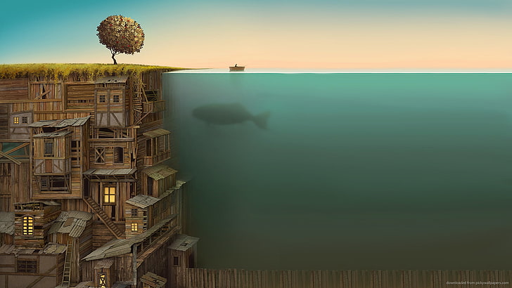 grafika przedstawiająca zbiornik wodny w pobliżu lądu i struktury podziemnej, drzewa, przyroda, woda, podwodne, sztuka fantasy, łódź, niebo, morze, wieloryb, ryba, Tapety HD