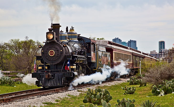 古い蒸気機関車、茶色の列車、モーター、列車、機関車、蒸気、 HDデスクトップの壁紙