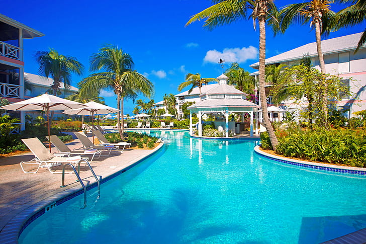 Swimming pool in hotel, swimming pool, Hotel, garden, sky, palm trees, lounge, rental, HD wallpaper