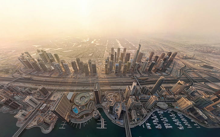 город, городской, городской пейзаж, вид с воздуха, дорога, док, Дубай, HD обои
