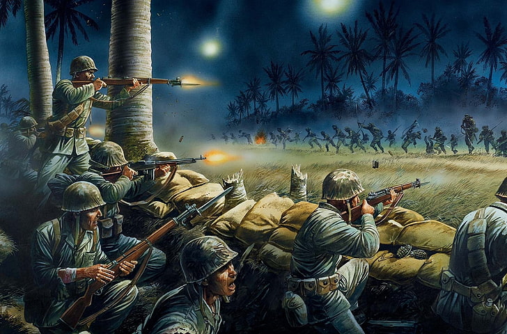 soldado al lado de la pintura del árbol, noche, armas, figura, batalla, misiles, arte, soldados, disparos, japonés, WW2, estadounidense, señal, Fondo de pantalla HD