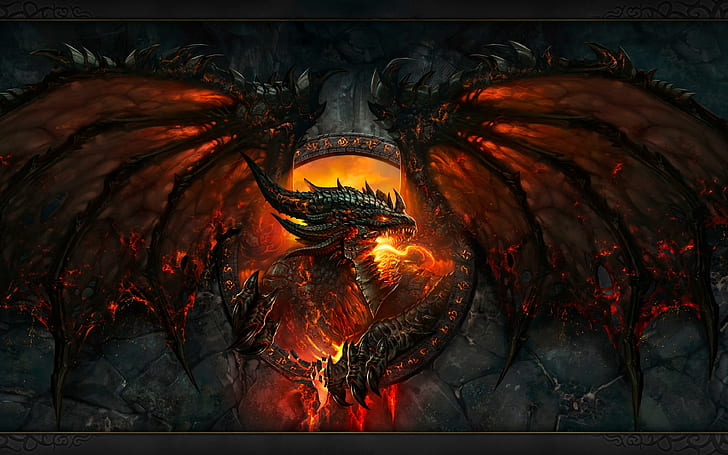 World Of Warcraft, dragão deathwing lava uau fogo world of warcraft épico de videogame, world of warcraft, arte digital, dragão, fantasia, fogo, jogos, HD papel de parede