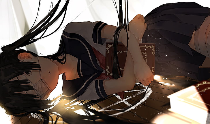 Chica anime, parche en el ojo, uniforme escolar, cabello negro, acostada,  Fondo de pantalla HD | Wallpaperbetter