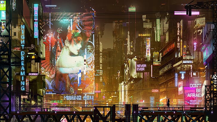 Donglu Yu, киберпънк, футуристичен, неон, футуристичен град, улица, произведение на изкуството, цифрово изкуство, концептуално изкуство, табела, пешеходен мост, мозайка, HD тапет