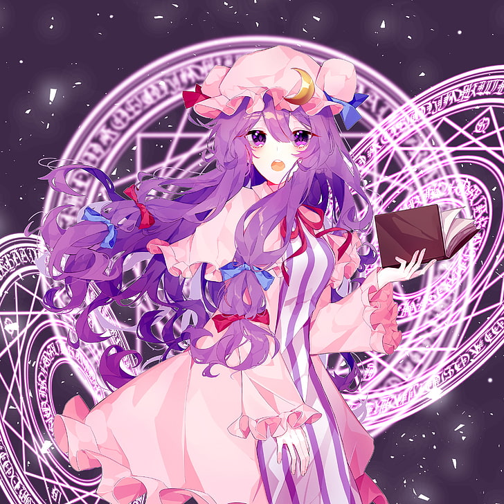 patchouli knowledge, touhou, purple hair, book, magic spell, Anime, HD wallpaper