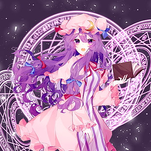 patchouli knowledge, touhou, purple hair, book, magic spell, Anime, HD wallpaper HD wallpaper