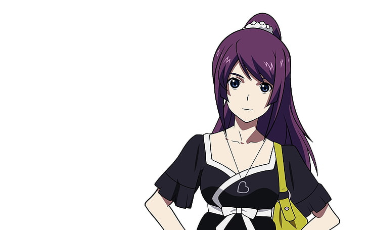 purple haired woman anime character, girl, nice, smile, bag, pose, HD wallpaper