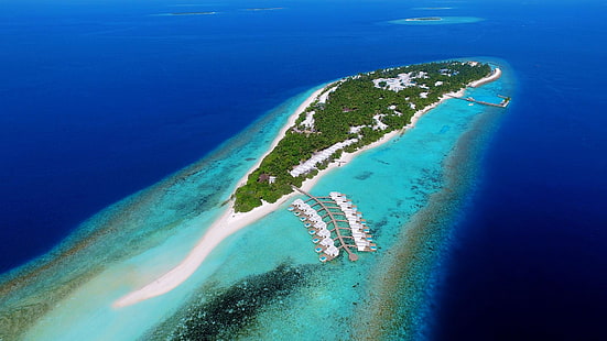 akwen i wyspa, natura, krajobraz, drzewa, las, wyspa, tropikalny, morze, plaża, widok z lotu ptaka, palmy, molo, Malediwy, atole, wakacje, Tapety HD HD wallpaper