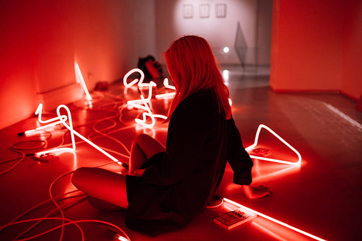people, women, red, sitting, on the floor, women indoors, LEDs, room, neon lights, HD wallpaper