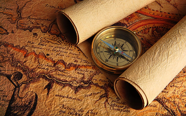 petualangan, kompas, peta, mawar, harta karun, Wallpaper HD