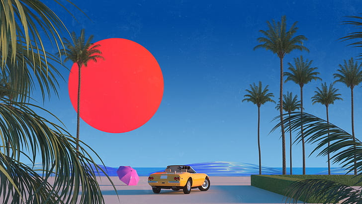 The sun, Auto, Music, Machine, Style, Palm trees, 80s, Illustration, 80's, Synth, Retrowave, Synthwave, New Retro Wave, Futuresynth, Sintav, Retrouve, Outrun, Trey Trimble, by Trey Trimble, HD wallpaper
