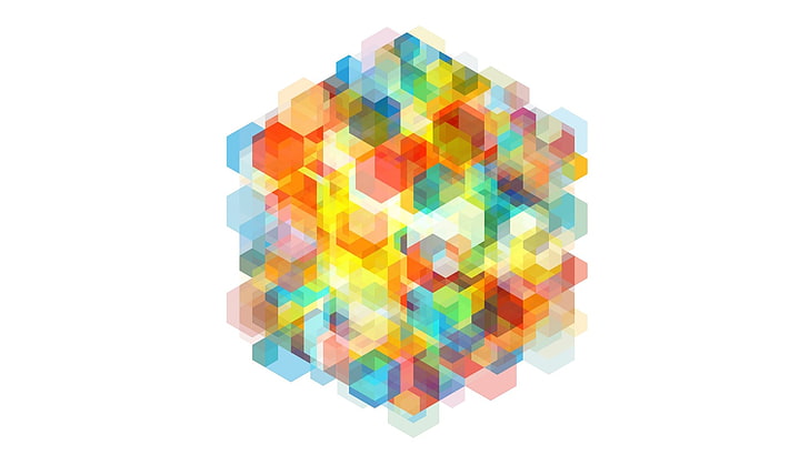 logotipo multicolorido hexagonal, abstrato, colorido, formas, fundo branco, Tesseract (banda), HD papel de parede