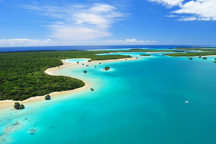 New Caledonia South Pacific Island, island, exotic, tropical, islands, pacific, lagoon, turquoise, south, beach, sand, ocean, aqua, blue, paradise, HD wallpaper
