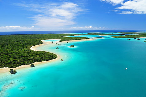 Нова Каледония Южнотихоокеански остров, остров, екзотика, тропически, острови, Тихия океан, лагуна, тюркоаз, юг, плаж, пясък, океан, аква, син, рай, HD тапет HD wallpaper