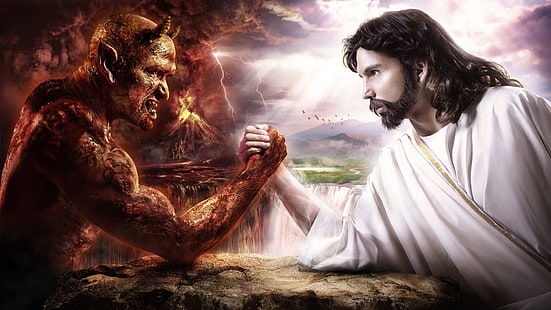Jesus and devil illustration, anime, hell, Devil, digital art, religion, artwork, Jesus Christ, fantasy art, Heaven and Hell, HD wallpaper HD wallpaper