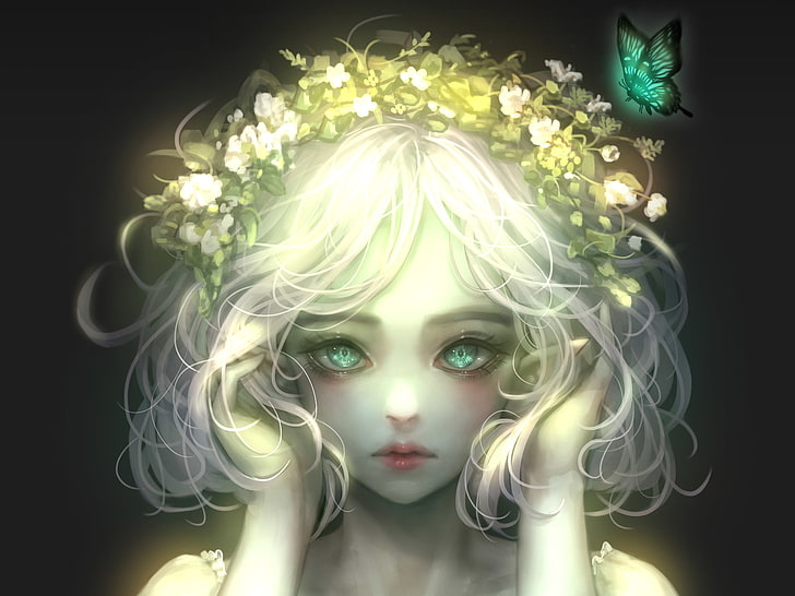 fantasy girl, green eyes, butterfly, flowers, white hair, Fantasy, HD wallpaper