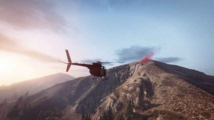 Grand Theft Auto V, Grand Theft Auto Online, Rockstar Games, mountains, morning, Beacon, helicopters, HD wallpaper