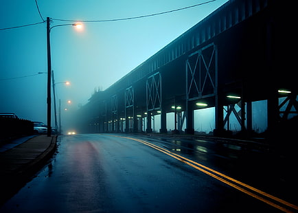 Ричмонд, Вирджиния, черная асфальтовая дорога, Соединенные Штаты Америки, Ричмонд, Вирджиния, США, город, дорога, мост, огни, сумерки, туман, HD обои HD wallpaper