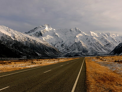 gray concrete road surround by black and white rocky mountain with snow, sefton, sefton, Mt, Sefton. New Zealand, gray, concrete road, surround, black and white, rocky mountain, Panasonic, DMC, mount sefton, Mount cook national park, Snow  Mountains, Southern Alps, geo tagged, photos, mountain, nature, landscape, snow, scenics, road, outdoors, highway, HD wallpaper HD wallpaper