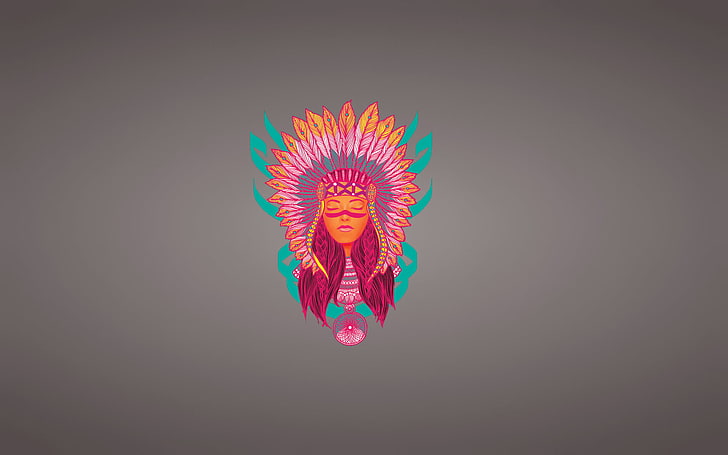 indiańska ilustracja, dziewczyna, twarz, minimalizm, pióra, Indianin, łapacz snów, Tapety HD