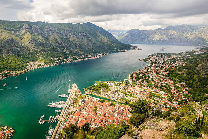 Kotor, Montenegro, calm body of water, Kotor, Montenegro, Bay of Kotor, Lovcen mountain range, mountains, panorama, HD wallpaper