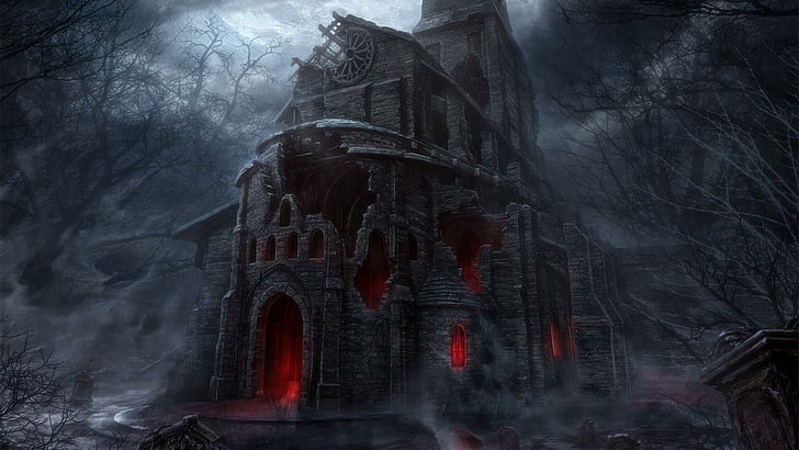 темно, руины, храм, воображение, искусство, лес, тайна, хэллоуин, церковь, HD обои