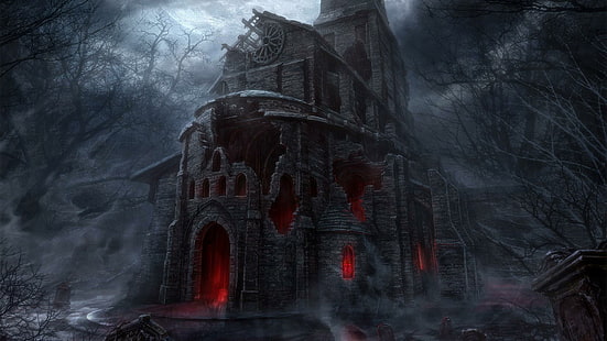 mörk, ruiner, tempel, fantasi, konst, skog, mysterium, halloween, kyrka, HD tapet HD wallpaper