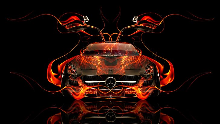 Mercedes-Benz, Auto, Black, Fire, Machine, Mercedes, Background, Orange, Door, Car, Art, Abstract, Photoshop, AMG, SLS, Colors, 2014, Open, el Tony Cars, Tony Kokhan, Doors, s, HD wallpaper