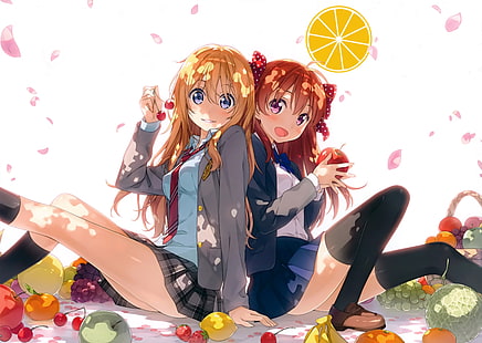 två kvinnliga anime karaktärer tapeter, Kantoku, Shigatsu wa Kimi no Uso, Gekkan Shoujo Nozaki-kun, animeflickor, lårhöga, frukt, HD tapet HD wallpaper
