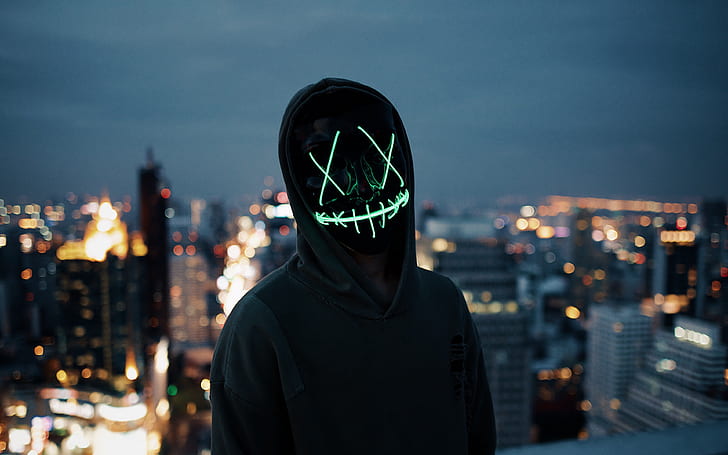 lights, dark, blur, neon, situations, anonymous, mask, silhouette, hood, 4k ultra hd background, city ​​background, HD wallpaper