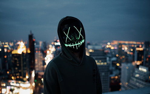 lights, dark, blur, neon, situations, anonymous, mask, silhouette, hood, 4k ultra hd background, city ​​background, HD wallpaper HD wallpaper