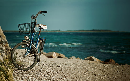 синий и белый велосипед, море, вода, велосипед, река, камни, фон, широкоформатные, обои, корзина, настроение, полноэкранные, HD обои, полноэкранные, HD обои HD wallpaper