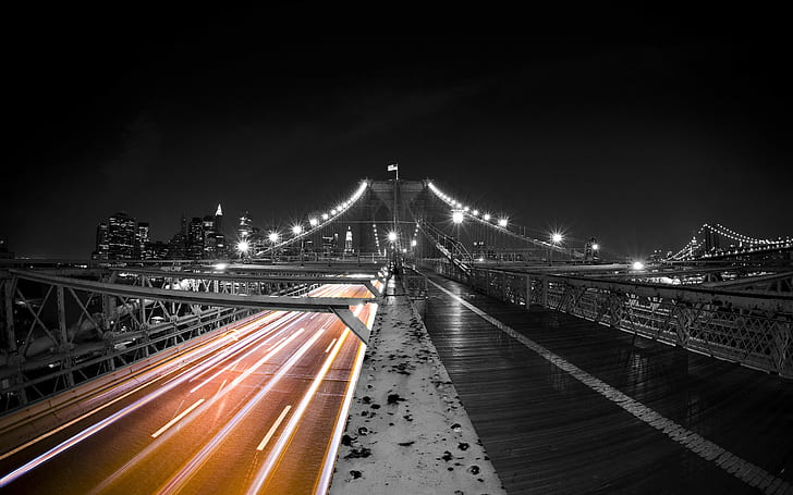 photographie, paysage urbain, urbain, ville, pont, New York City, nuit, lumières, Brooklyn Bridge, architecture, coloration sélective, Fond d'écran HD