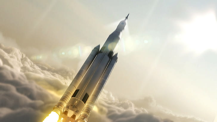 digital art, spaceship, rocket, NASA, Launch, clouds, sunlight, lens flare, motion blur, render, SLS, HD wallpaper