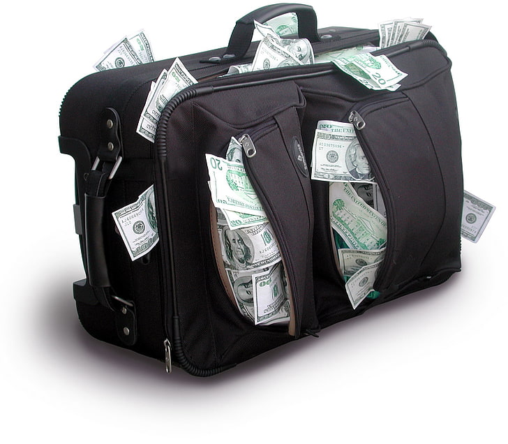 US dollar banknote lot and black luggage bag, money, dollars, bags, HD wallpaper