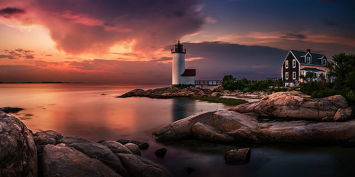 nature, landscape, sunset, lighthouse, Massachusetts, sky, coast, sea, clouds, long exposure, HD wallpaper