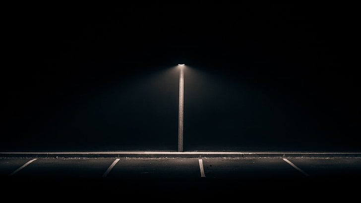 white post lamp, dark, minimalism, black background, photography, street, lamp, street light, lights, parking lot, night, abandoned, lines, empty, path, isolation, alone, city, HD wallpaper