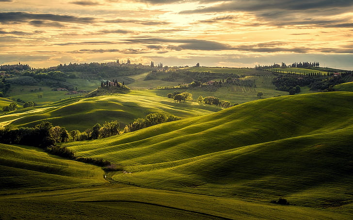 green, Italy, sunset, Moon, Tuscany, trees, field, hills, clouds, nature, landscape, HD wallpaper