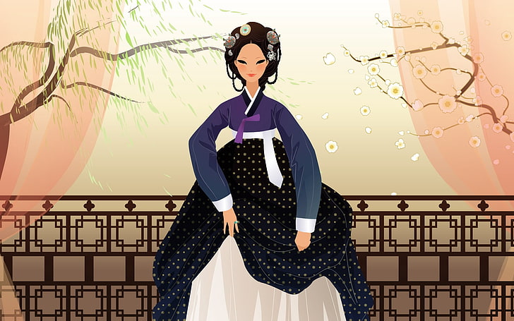 Korean traditional dress ilustration, japanese, woman, dress, evening, image, HD wallpaper