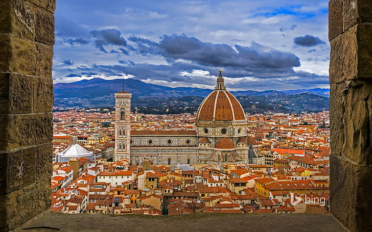 brown and beige building painting, home, Italy, panorama, Florence, the dome, the Cathedral of Santa Maria del Fiore, the view from the tower of Palazzo Vo, HD wallpaper